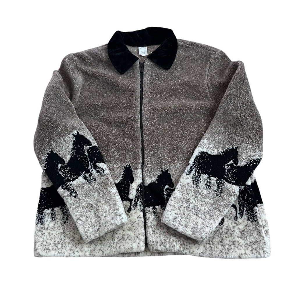 Vintage Brown Cream Teddy Jacket with Black Horse Motif